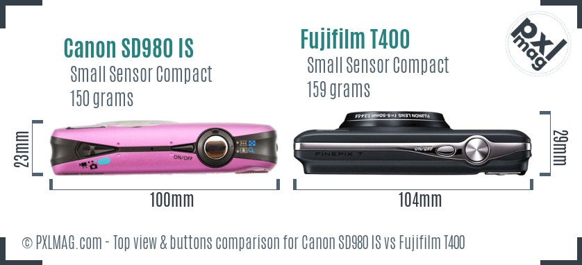 Canon SD980 IS vs Fujifilm T400 top view buttons comparison
