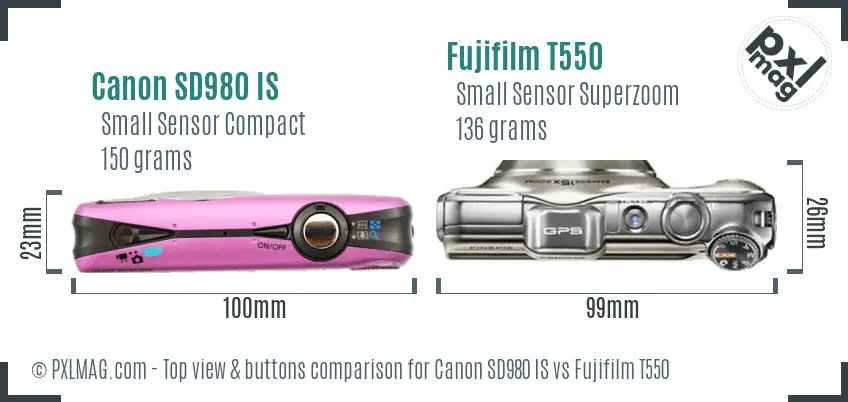 Canon SD980 IS vs Fujifilm T550 top view buttons comparison