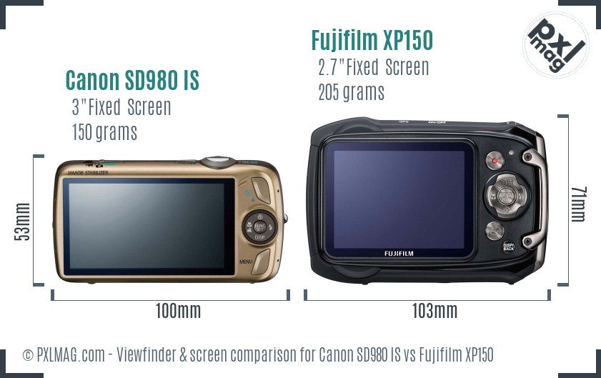 Canon SD980 IS vs Fujifilm XP150 Screen and Viewfinder comparison