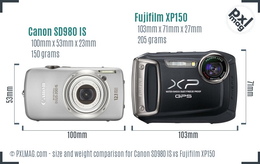Canon SD980 IS vs Fujifilm XP150 size comparison