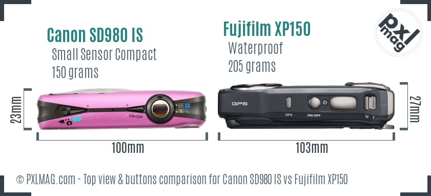 Canon SD980 IS vs Fujifilm XP150 top view buttons comparison