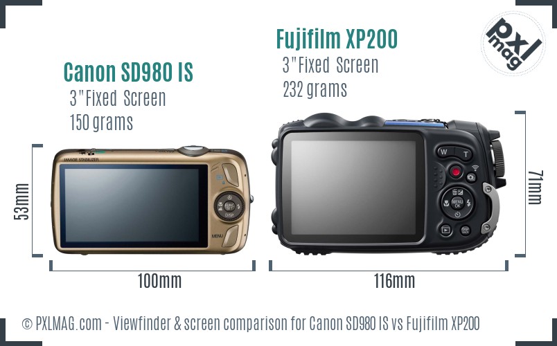 Canon SD980 IS vs Fujifilm XP200 Screen and Viewfinder comparison