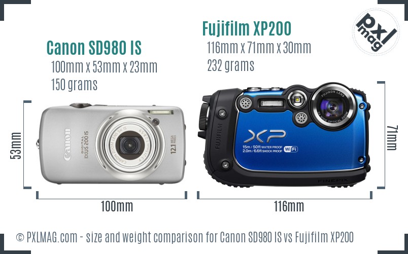 Canon SD980 IS vs Fujifilm XP200 size comparison