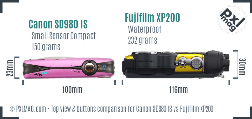 Canon SD980 IS vs Fujifilm XP200 top view buttons comparison