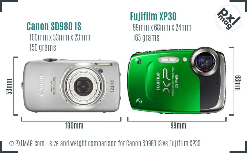 Canon SD980 IS vs Fujifilm XP30 size comparison