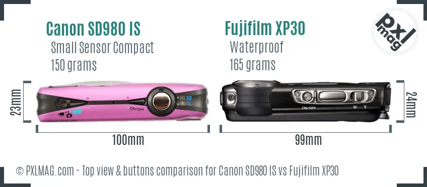 Canon SD980 IS vs Fujifilm XP30 top view buttons comparison