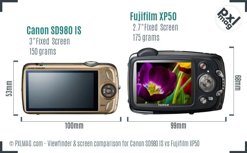 Canon SD980 IS vs Fujifilm XP50 Screen and Viewfinder comparison