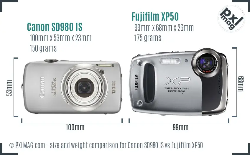 Canon SD980 IS vs Fujifilm XP50 size comparison