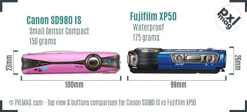 Canon SD980 IS vs Fujifilm XP50 top view buttons comparison