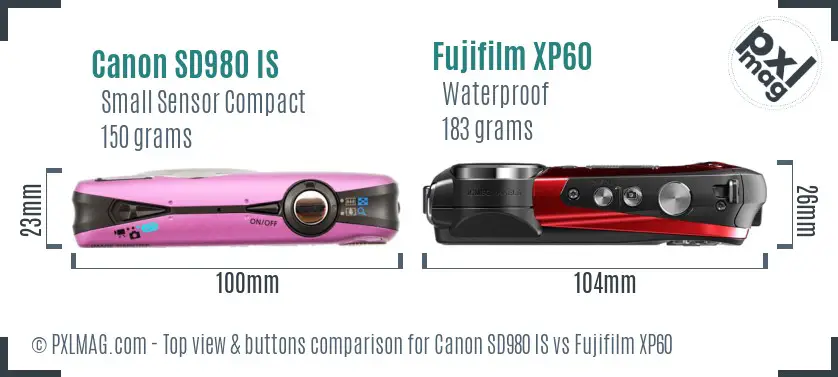 Canon SD980 IS vs Fujifilm XP60 top view buttons comparison