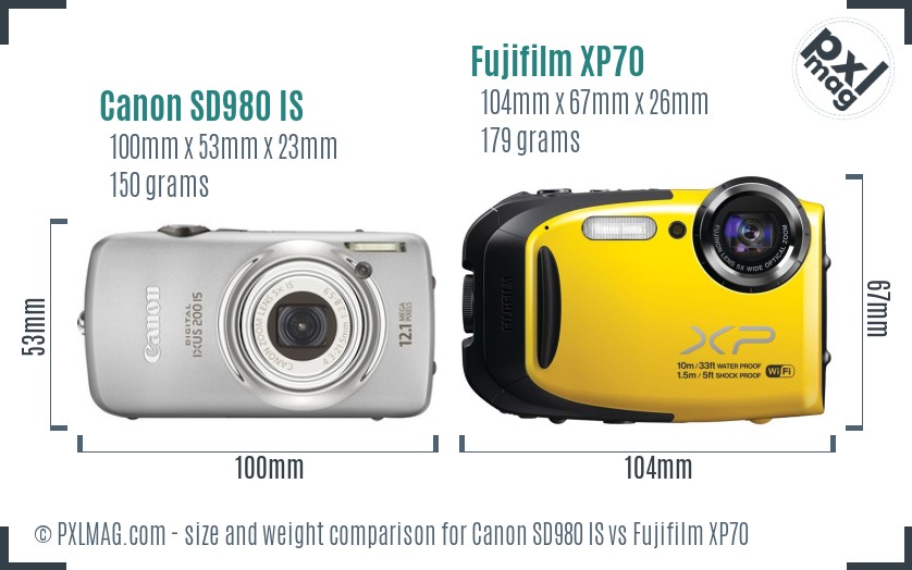 Canon SD980 IS vs Fujifilm XP70 size comparison