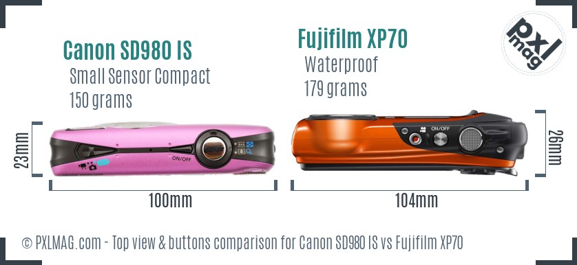Canon SD980 IS vs Fujifilm XP70 top view buttons comparison