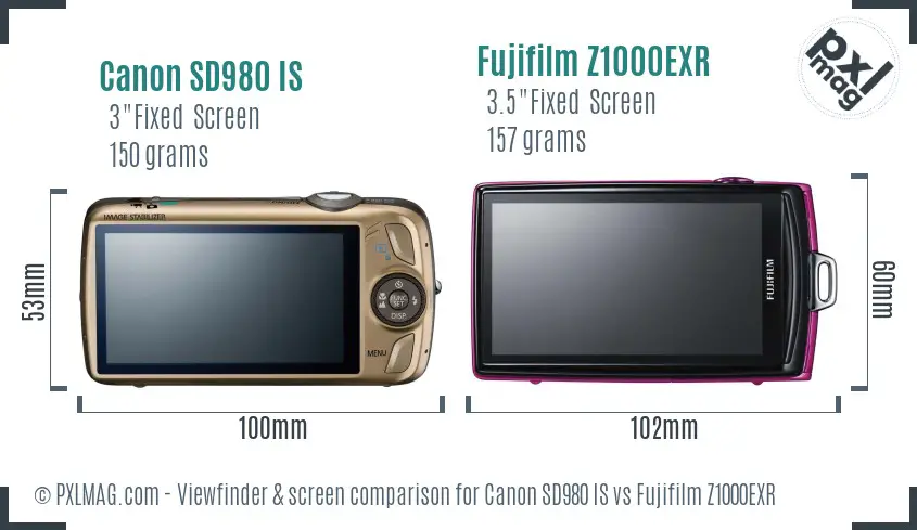 Canon SD980 IS vs Fujifilm Z1000EXR Screen and Viewfinder comparison