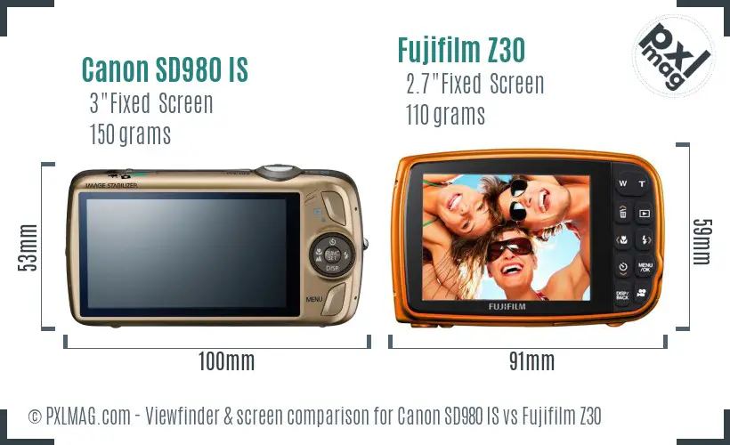 Canon SD980 IS vs Fujifilm Z30 Screen and Viewfinder comparison