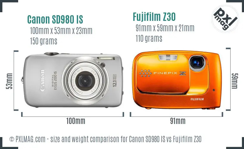 Canon SD980 IS vs Fujifilm Z30 size comparison