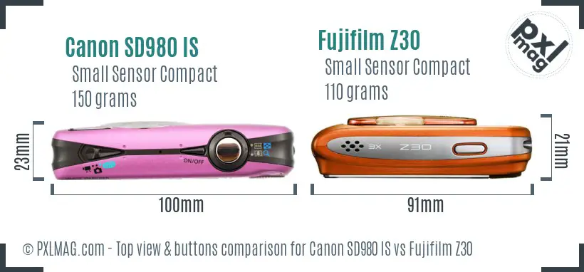 Canon SD980 IS vs Fujifilm Z30 top view buttons comparison