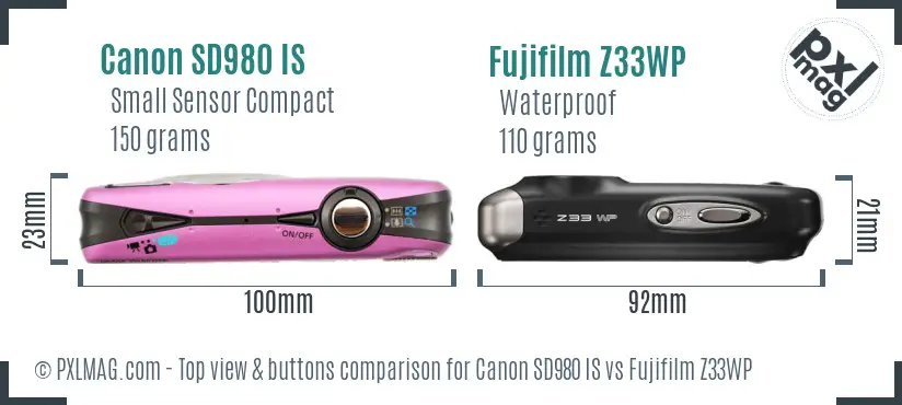 Canon SD980 IS vs Fujifilm Z33WP top view buttons comparison Canon SD980 IS vs Fujifilm Z33WP top view buttons comparison