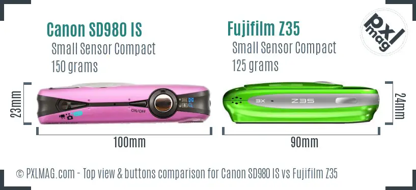 Canon SD980 IS vs Fujifilm Z35 top view buttons comparison