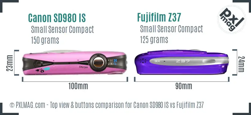 Canon SD980 IS vs Fujifilm Z37 top view buttons comparison