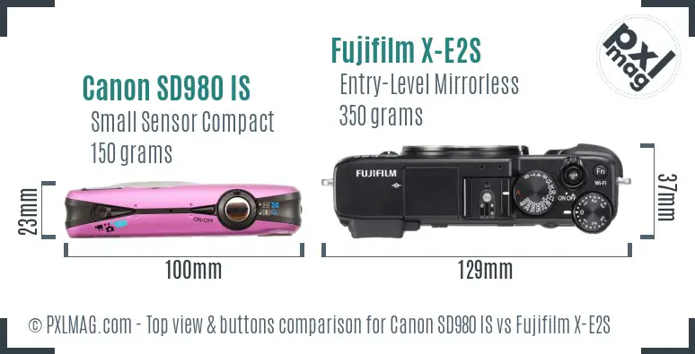 Canon SD980 IS vs Fujifilm X-E2S top view buttons comparison