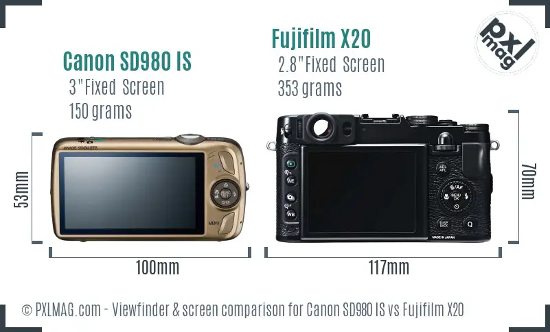 Canon SD980 IS vs Fujifilm X20 Screen and Viewfinder comparison