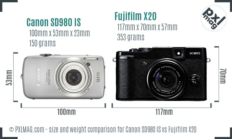 Canon SD980 IS vs Fujifilm X20 size comparison