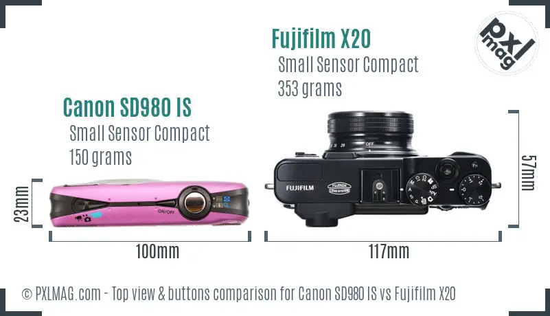 Canon SD980 IS vs Fujifilm X20 top view buttons comparison