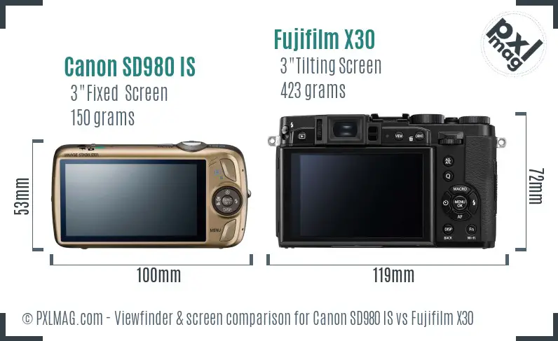 Canon SD980 IS vs Fujifilm X30 Screen and Viewfinder comparison