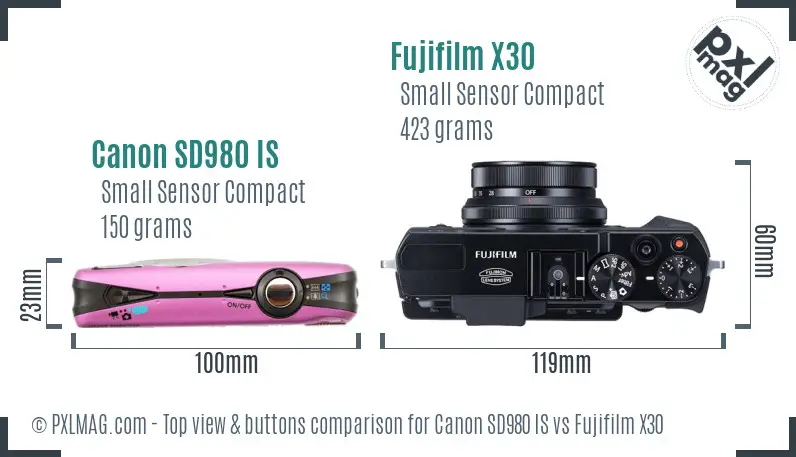 Canon SD980 IS vs Fujifilm X30 top view buttons comparison