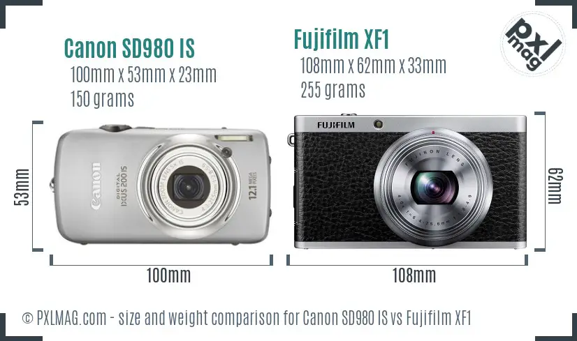 Canon SD980 IS vs Fujifilm XF1 size comparison