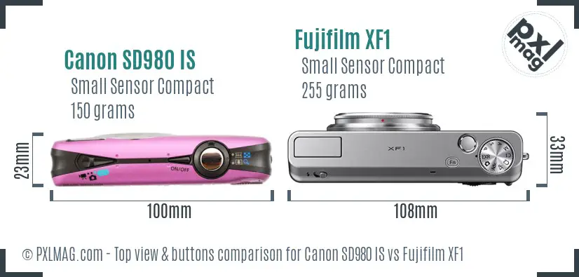 Canon SD980 IS vs Fujifilm XF1 top view buttons comparison