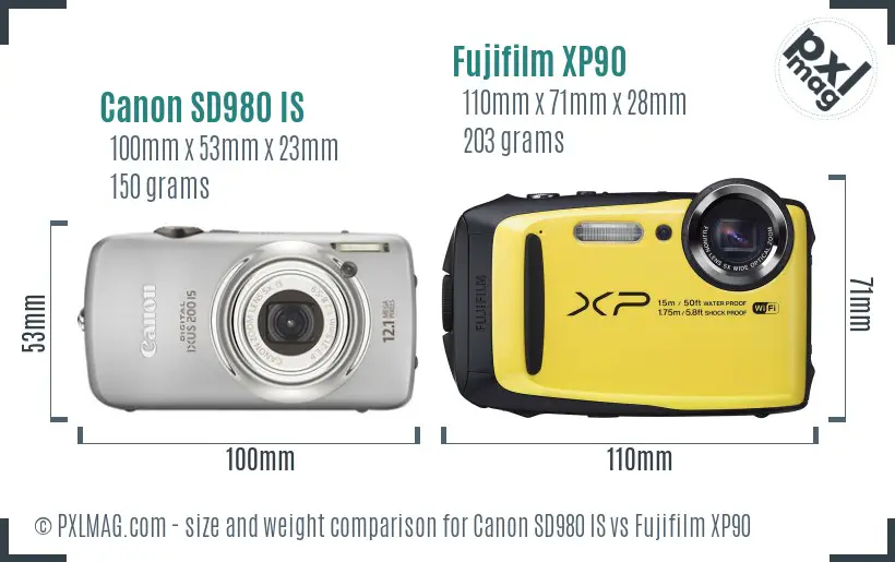 Canon SD980 IS vs Fujifilm XP90 size comparison