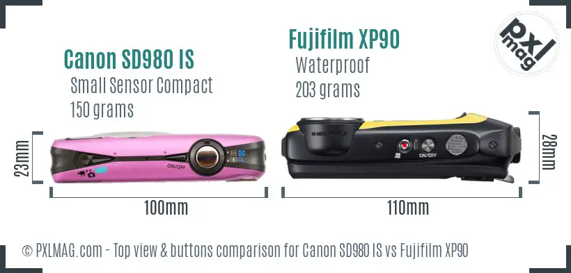 Canon SD980 IS vs Fujifilm XP90 top view buttons comparison