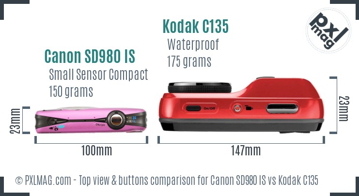 Canon SD980 IS vs Kodak C135 top view buttons comparison