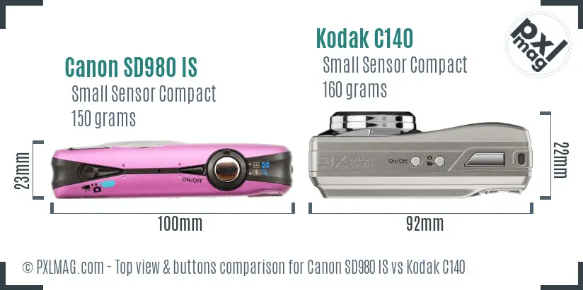 Canon SD980 IS vs Kodak C140 top view buttons comparison