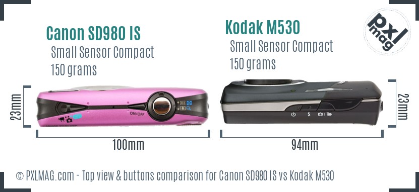 Canon SD980 IS vs Kodak M530 top view buttons comparison