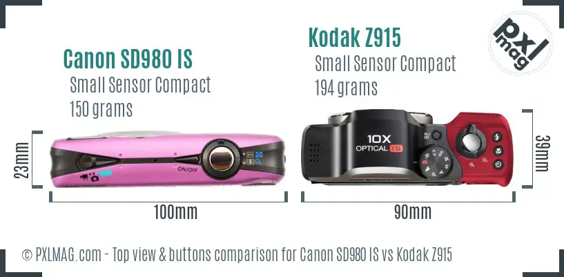 Canon SD980 IS vs Kodak Z915 top view buttons comparison
