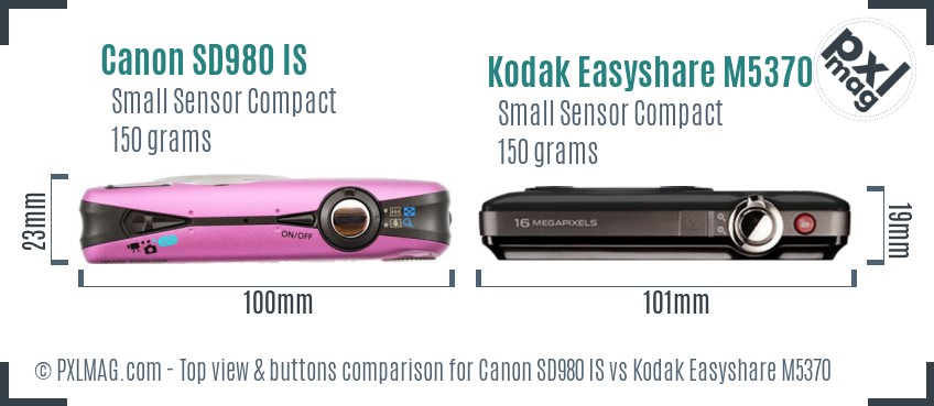 Canon SD980 IS vs Kodak Easyshare M5370 top view buttons comparison