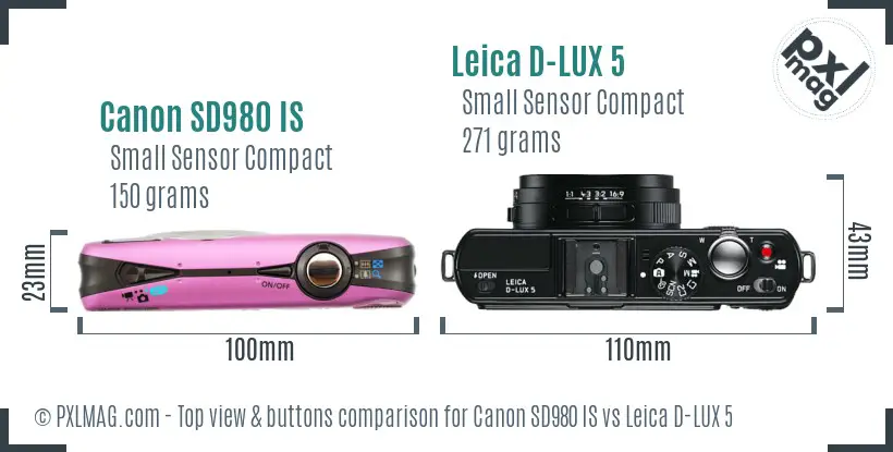 Canon SD980 IS vs Leica D-LUX 5 top view buttons comparison