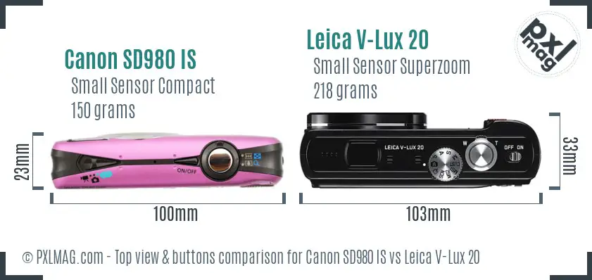 Canon SD980 IS vs Leica V-Lux 20 top view buttons comparison Canon SD980 IS vs Leica V-Lux 20 top view buttons comparison