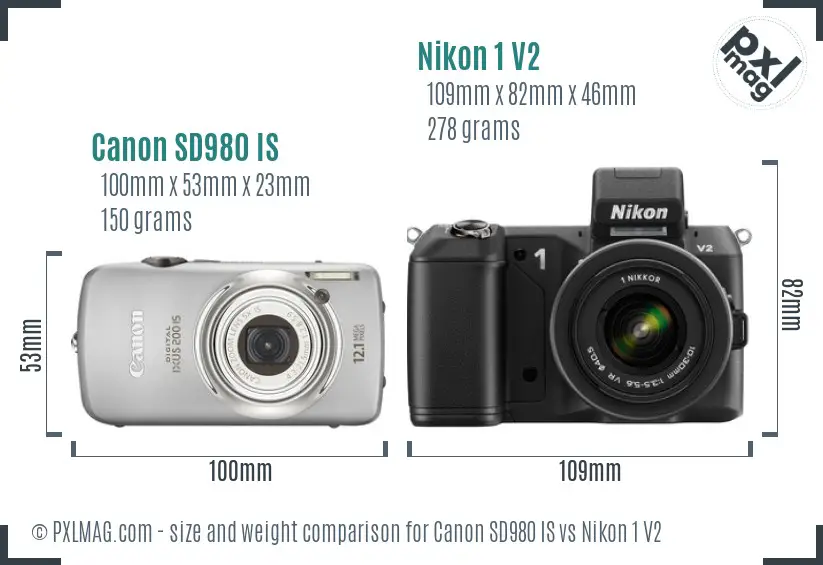 Canon SD980 IS vs Nikon 1 V2 size comparison