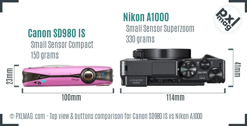 Canon SD980 IS vs Nikon A1000 top view buttons comparison
