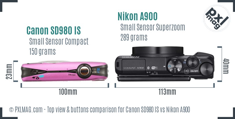 Canon SD980 IS vs Nikon A900 top view buttons comparison