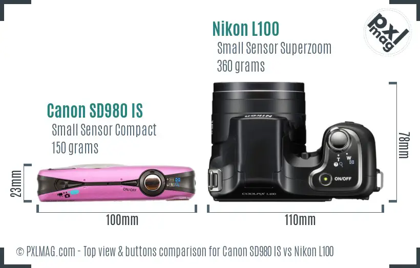 Canon SD980 IS vs Nikon L100 top view buttons comparison Canon SD980 IS vs Nikon L100 top view buttons comparison