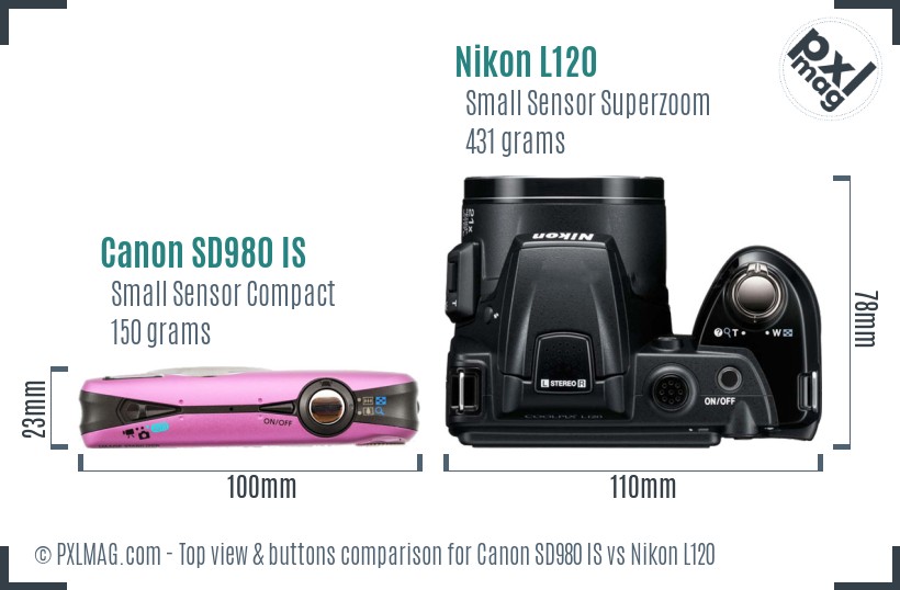 Canon SD980 IS vs Nikon L120 top view buttons comparison