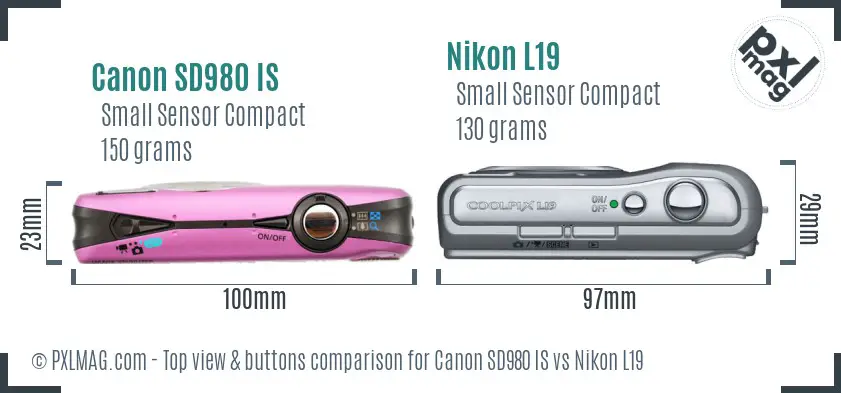 Canon SD980 IS vs Nikon L19 top view buttons comparison Canon SD980 IS vs Nikon L19 top view buttons comparison