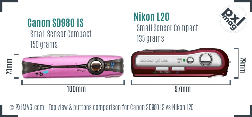 Canon SD980 IS vs Nikon L20 top view buttons comparison