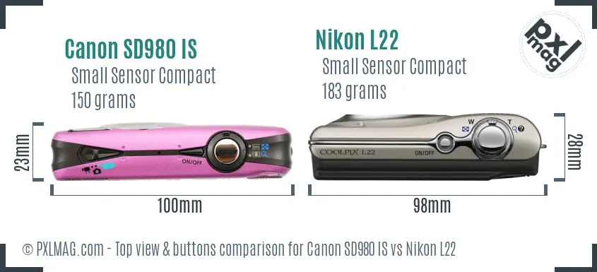Canon SD980 IS vs Nikon L22 top view buttons comparison