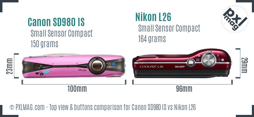 Canon SD980 IS vs Nikon L26 top view buttons comparison