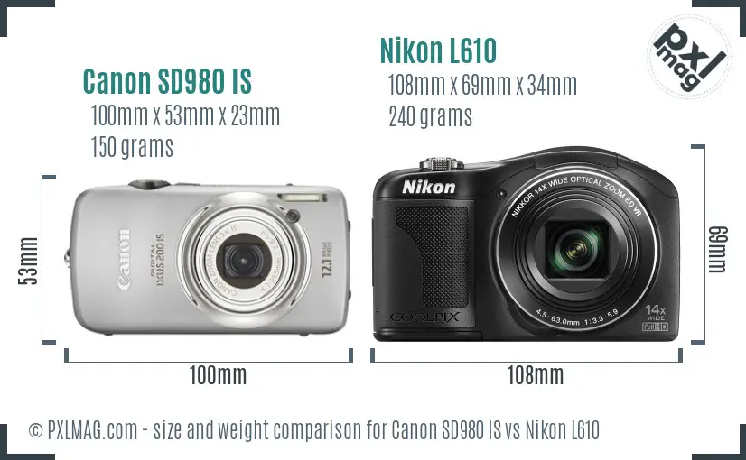 Canon SD980 IS vs Nikon L610 size comparison